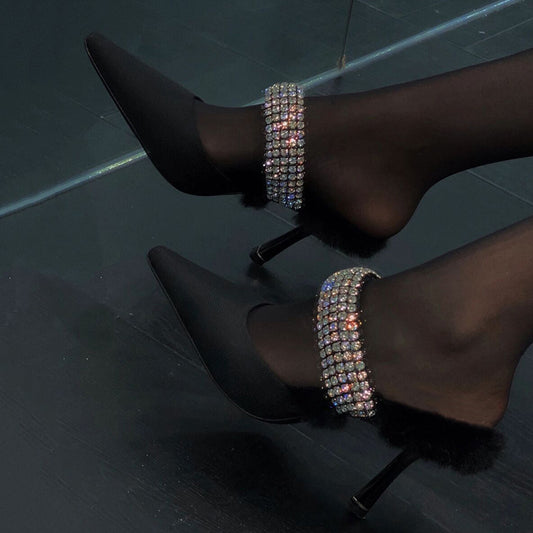 Rhinestone Mules With Fur