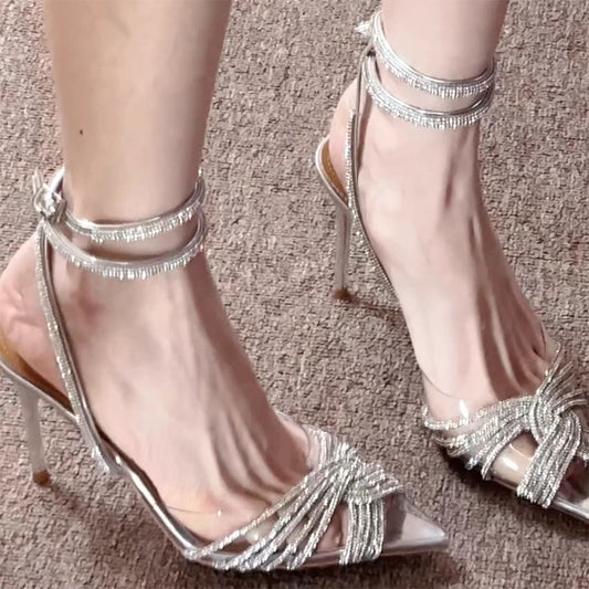 Transparent Cross Sparkling Rhinestones Pointed Heels