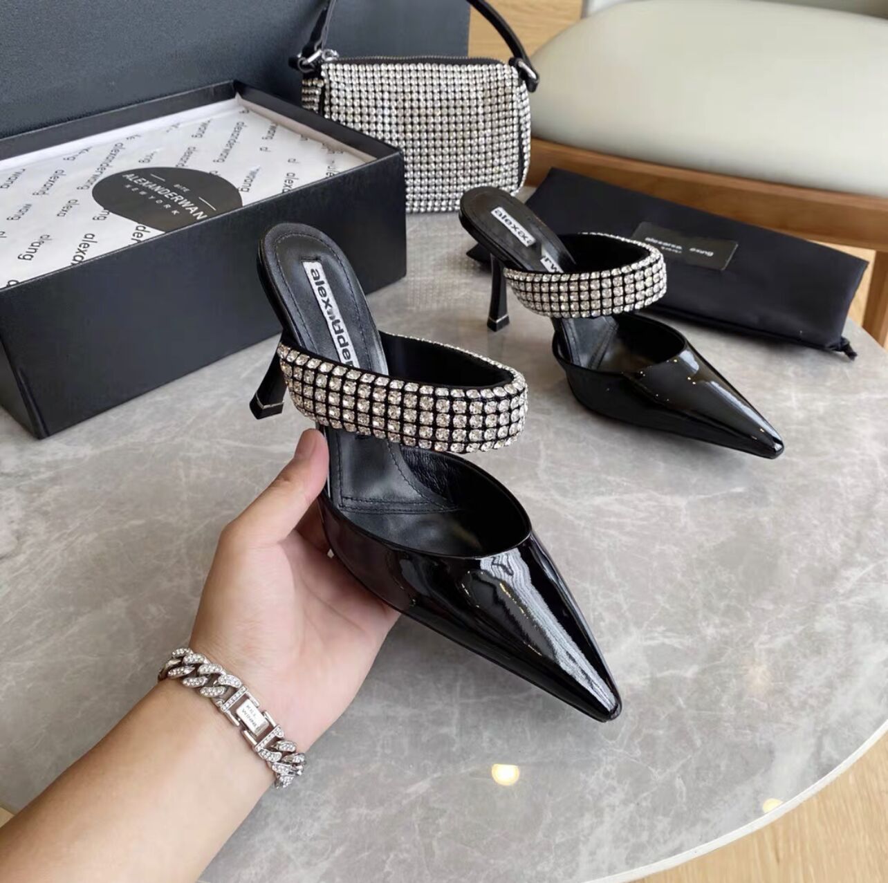Rhinestone Mules With Fur
