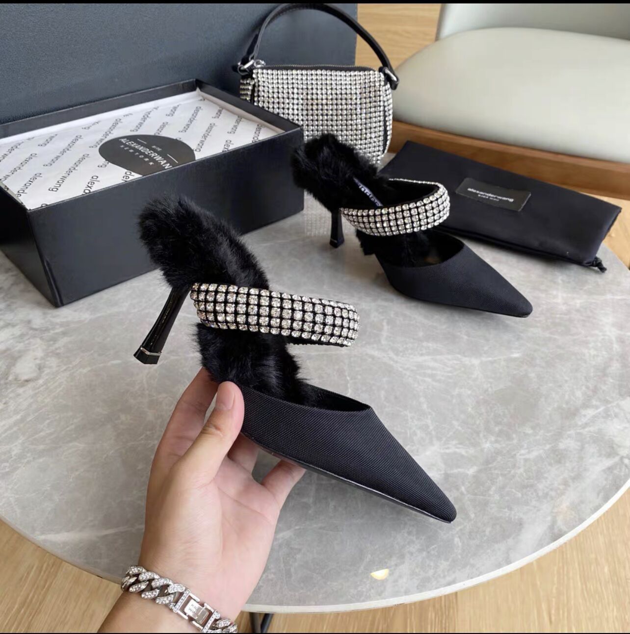 Rhinestone Mules With Fur