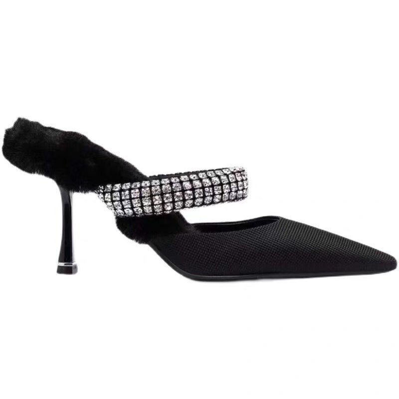 Rhinestone Mules With Fur
