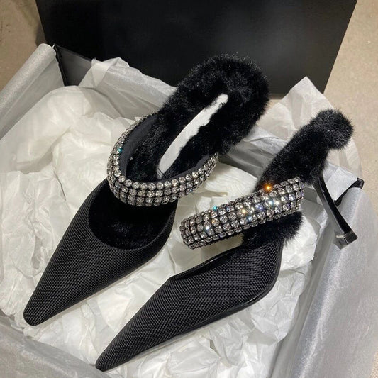 Rhinestone Mules With Fur